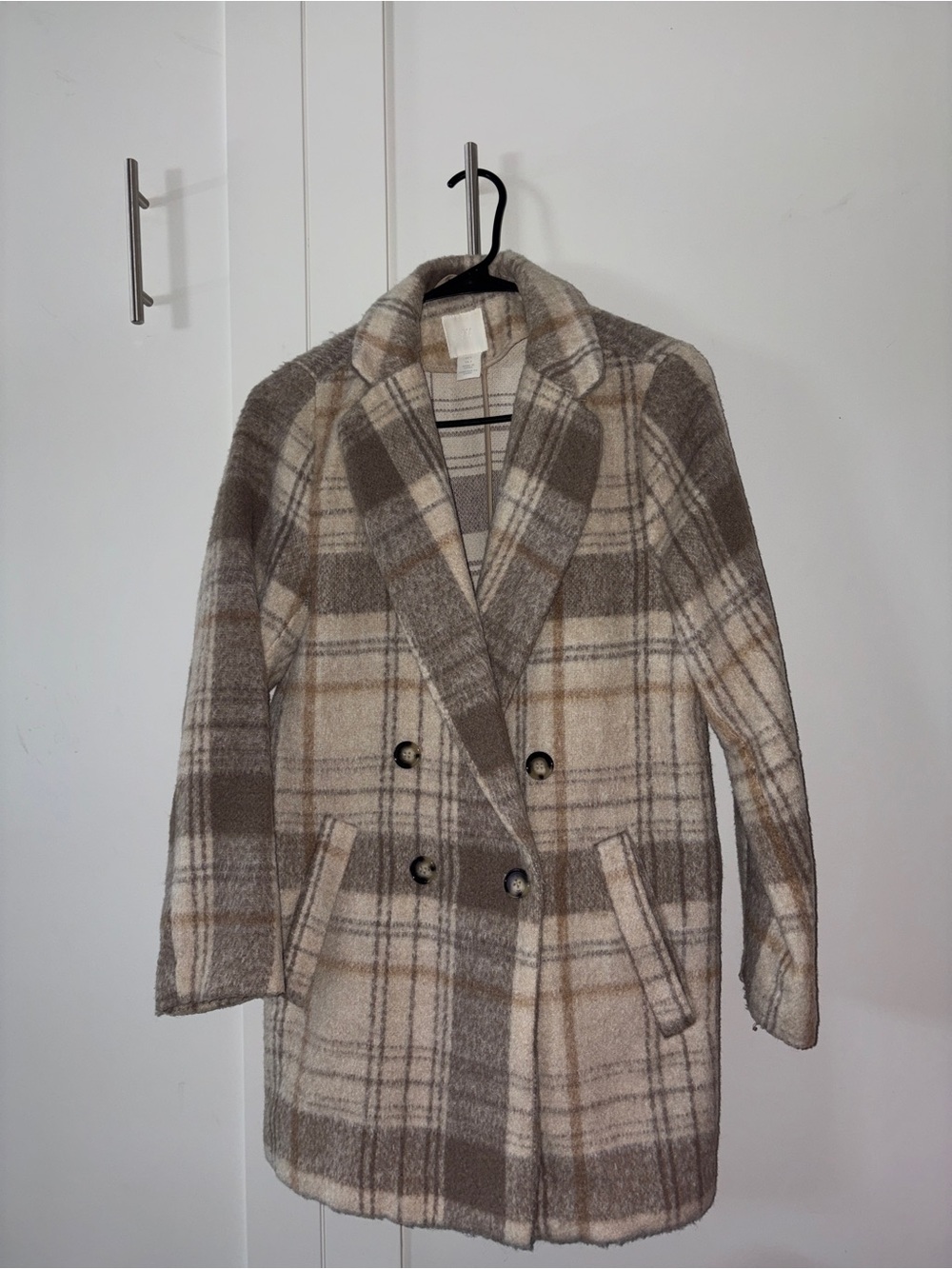 H&M Plaid Double-Breasted Pea Coat in Beige and Taupe